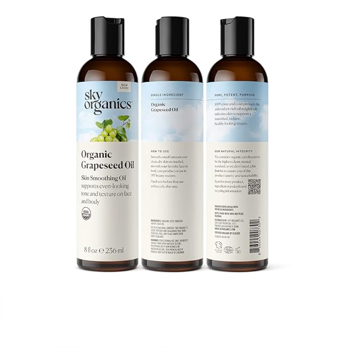 Sky Organics Organic Grapeseed Oil, Skin Smoothing Oil to Support Healthy and Even-Looking Skin Tone and Texture on Face and Body, for All Skin Types, 100% Pure & Cold-Pressed, 8 fl. Oz