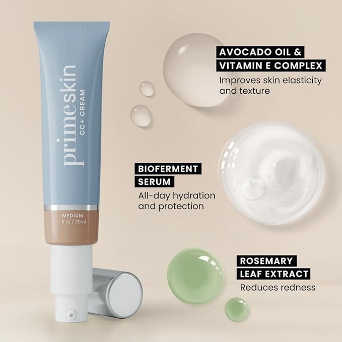 Prime Prometics PrimeSkin CC+ Cream for Mature Women – Liquid-to-Powder Foundation – Blurs Pores & Covers Age Spots – Crease-Free, Hydrating & Soft-Matte Finish for Sensitive Skin (Tan Rich)