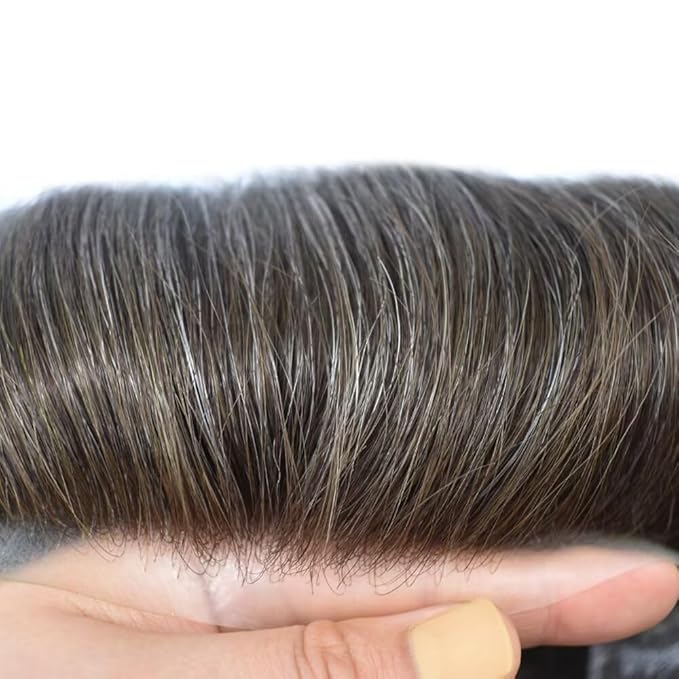 FACE MIRACLE Lace Front Mens Toupee Human Hair System Swiss Lace Center Toupee for Men Thin Skin PU Around Hair Replacement System V-Looped Mens Hair Wig Units 7"X9" #240 Darkest Brown with 40% Gray
