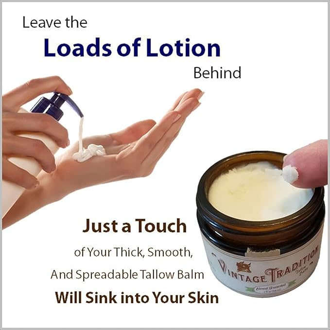 Vintage Tradition Beef Tallow All Purpose Balm - Healing, Hydrating Mild Scent Skin Care Salve Replaces Body Lotion, Hand Cream, More - Essential Oil, Olive Oil, and Grass-Fed Tallow, 2 fl. oz.