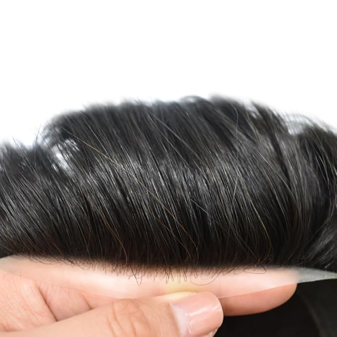 FACE MIRACLE Toupee for Men French Lace Hairpiece Human Hair Replacement System Skin PU Mens Toupee Hair Wigs for Man V-Looped Front Hair Prosthesis 6"X9" 1#JET BLACK