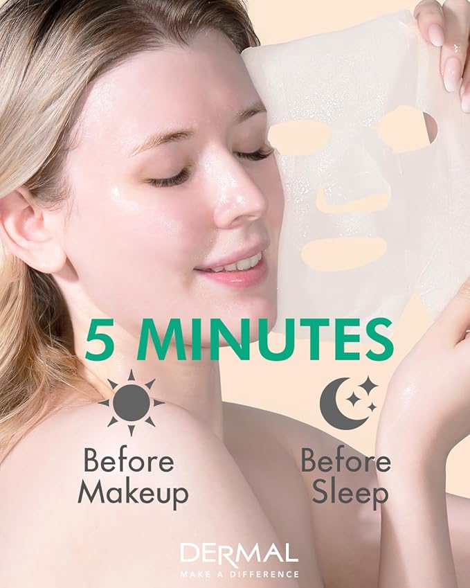 DERMAL Green Tea Collagen Essence Facial Mask Sheet 23g Pack of 10 - Hydrating and Soothing for Sensitive Oily Skin, Revitalize Dull Skin, Daily Skin Treatment Solution Sheet Mask