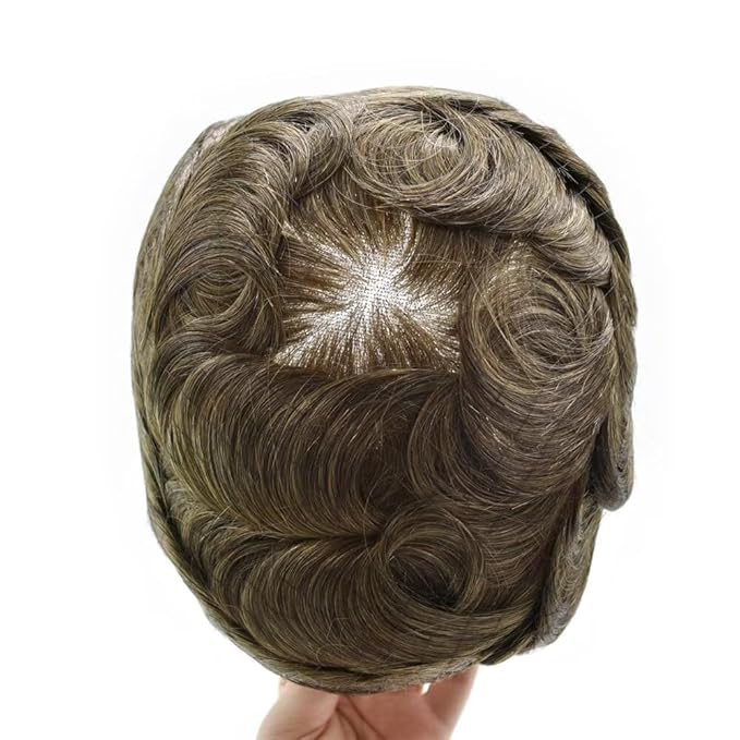 Mens Toupee Human Hair Piece French Lace Toupee for Man Hair System Indian Human Hair Replacement Systems V-Looped PU Front Hairpieces 6"X9" 6# LIGHT BROWN
