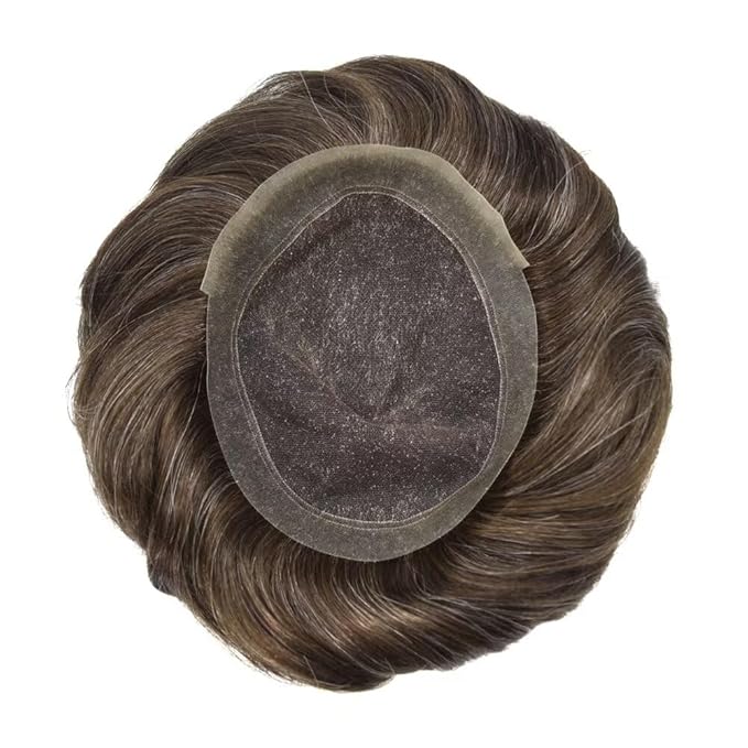 FACE MIRACLE Lace Front Mens Toupee Human Hair System Swiss Lace Center Toupee for Men Thin Skin PU Around Hair Replacement System V-Looped Mens Hair Wig Units 7"X9" #240 Darkest Brown with 40% Gray