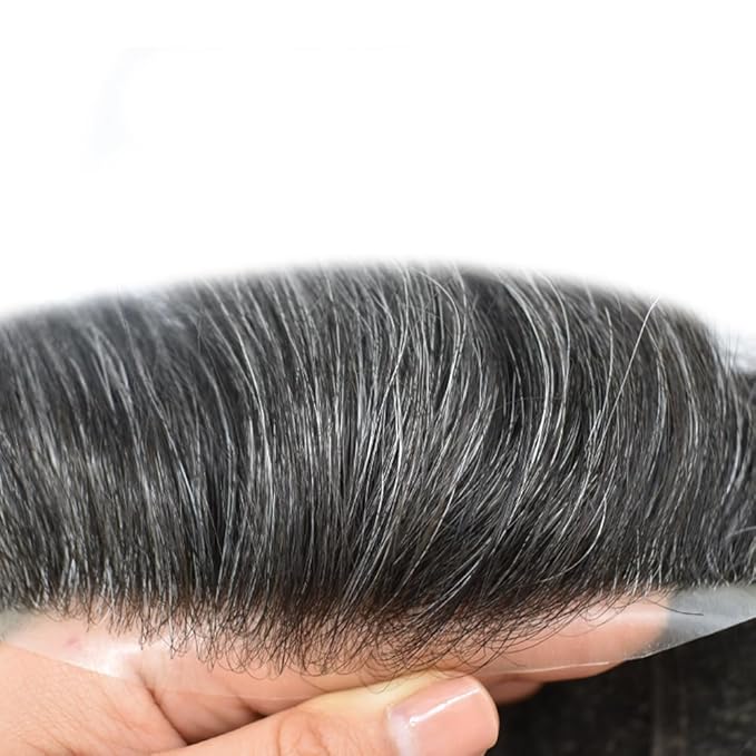 FACE MIRACLE French Lace Mens Toupee Human Hair System Swiss Lace Center Toupee for Men Durable Skin PU Around Hair Replacement System V-Looped Mens Hair Wig Units 6"X8" #1B20 Off Black with 20% Gray