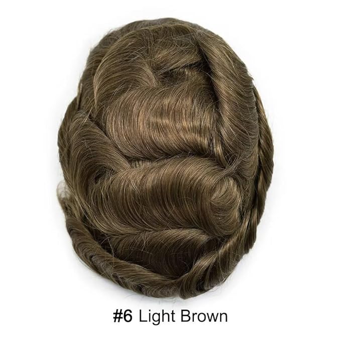 Mens Toupee Human Hair Piece French Lace Toupee for Man Hair System Indian Human Hair Replacement Systems V-Looped PU Front Hairpieces 6"X9" 6# LIGHT BROWN