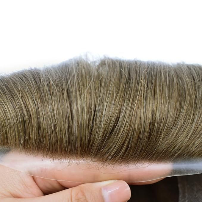 FACE MIRACLE Hair System for Men French Lace Mens Toupee Human Hair Replacement System Lace with PU Toupee for Men Male Hair Piece Wigs 8"X10" #720 7# VERY LIGHT BROWN WITH 20% SYNTHETIC GREY