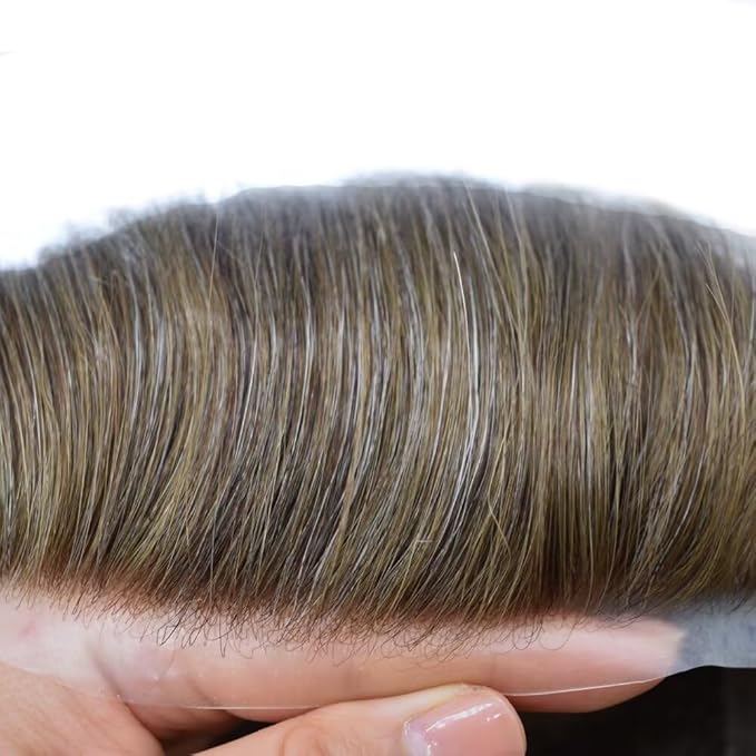 FACE MIRACLE Mens Toupee Lace Front Hairpieces Soft Human Hair Replacement System Natural Hairline Toupee for Men French Lace Poly V-Looped Mens hair Units 6"X9" #630 Light Brown with 30% Gray