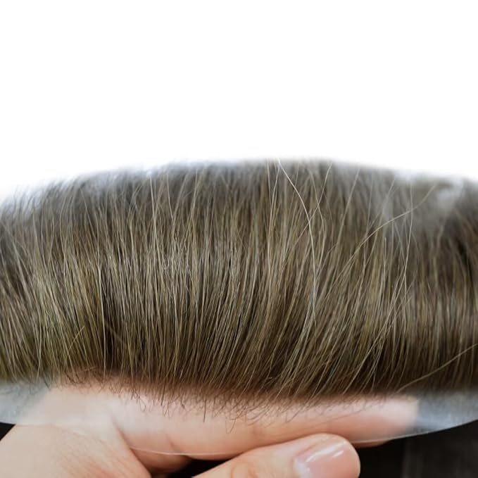 FACE MIRACLE Lace Front Mens Toupee Human Hair System Swiss Lace Center Toupee for Men Thin Skin PU Around Hair Replacement System V-Looped Mens Hair Wig Units 7"X9" #420 Medium Brown with 20% Gray