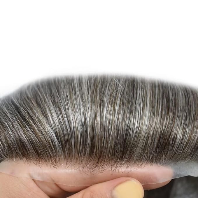 FACE MIRACLE Hair System for Men French Lace Mens Toupee Human Hair Replacement System Lace with PU Toupee for Men Male Hair Piece Wigs 7"X9" #360 Dark Brown with 60% Gray