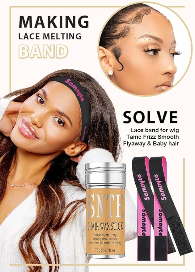 Hair Wax Stick, Wig Band Set - Smooths Flyaways, Sleek Ponytail, Baby Hairs, Edge Control - Lace Melting Band for Wig Glue Lace Glue