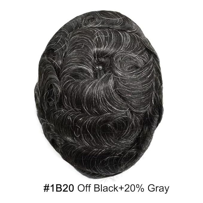 FACE MIRACLE French Lace Mens Toupee Human Hair System Swiss Lace Center Toupee for Men Durable Skin PU Around Hair Replacement System V-Looped Mens Hair Wig Units 6"X8" #1B20 Off Black with 20% Gray