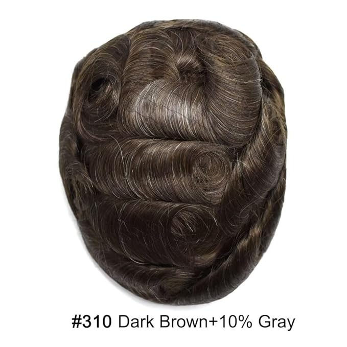 FACE MIRACLE Mens Toupee Lace Front Hairpieces Soft Human Hair Replacement System Natural Hairline Toupee for Men French Lace Poly V-Looped Mens hair Units 6"X9" #310 Dark Brown with 10% Gray