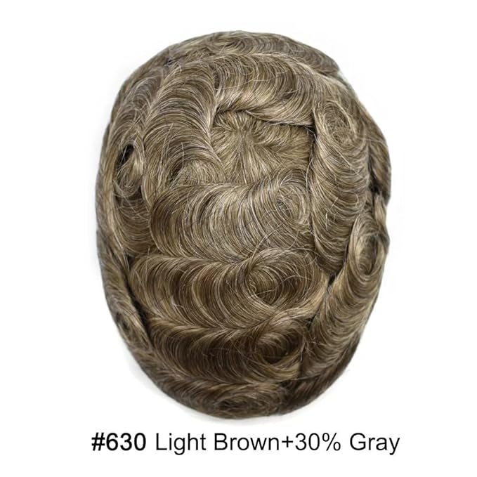 FACE MIRACLE Mens Toupee Lace Front Hairpieces Soft Human Hair Replacement System Natural Hairline Toupee for Men French Lace Poly V-Looped Mens hair Units 6"X9" #630 Light Brown with 30% Gray