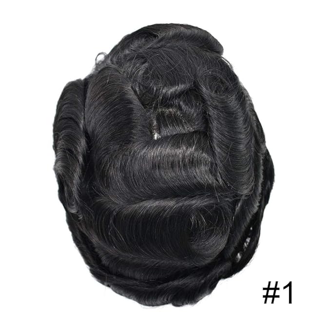 FACE MIRACLE Toupee for Men French Lace Hairpiece Human Hair Replacement System Skin PU Mens Toupee Hair Wigs for Man V-Looped Front Hair Prosthesis 6"X9" 1#JET BLACK