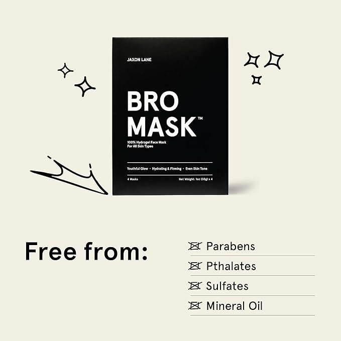 JAXON LANE BRO MASK Korean Face Mask for Men: Premium Mens Face Mask Skin Care & Facial Anti Aging Sheet Masks with Hydrogel, Vitamin C, Hydrating Hyaluronic Acid, Hydrolyzed Collagen (2 X 4 Pack)