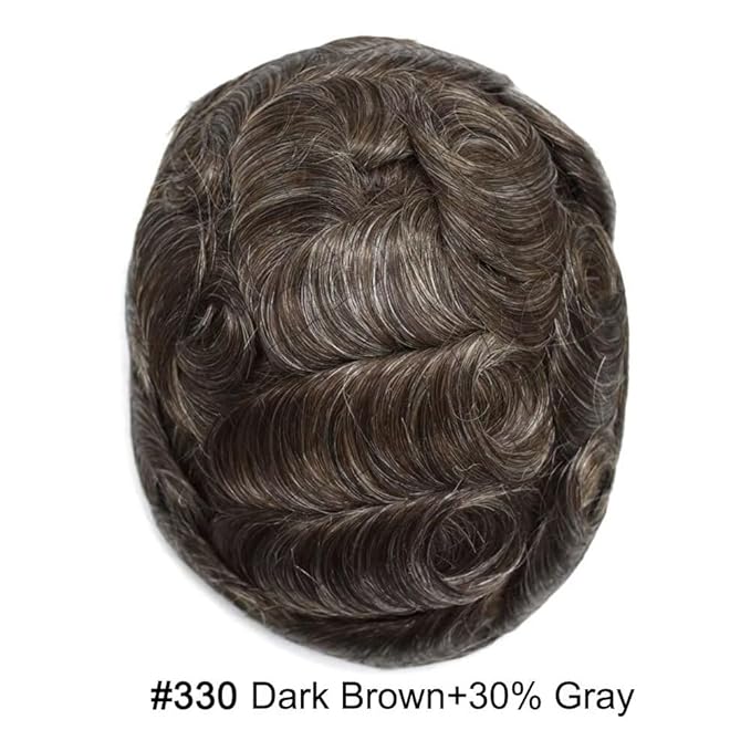 FACE MIRACLE French Lace Mens Toupee Human Hair System Lace Center Toupee for Men Thin Skin PU Around Hair Replacement System V-Looped 6"X8" #330 3# DARK BROWN WITH 30% SYNTHETIC GREY
