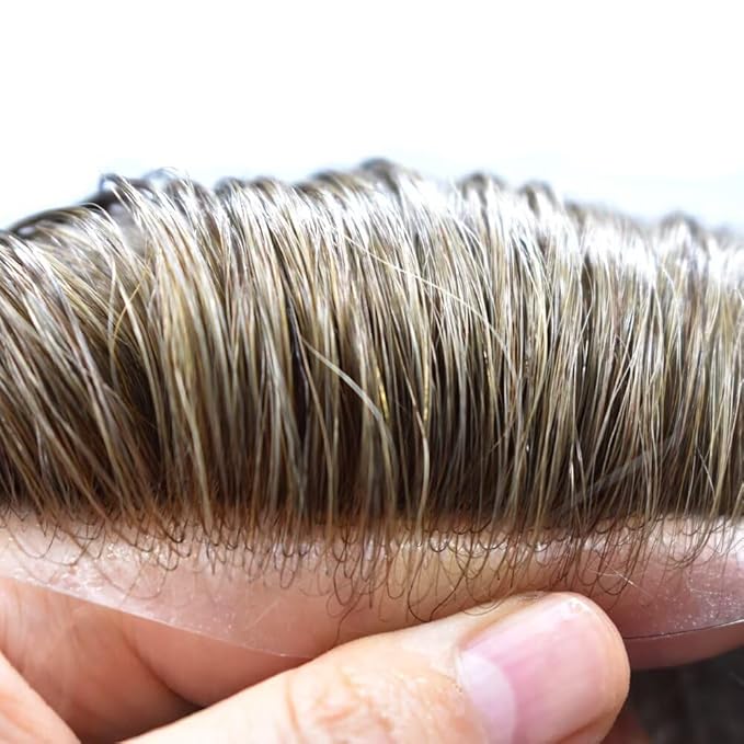 Mens Toupee Human Hair Piece French Lace Toupee for Man Hair System Indian Human Hair Replacement Systems V-Looped PU Front Hairpieces 6"X9" 6# LIGHT BROWN