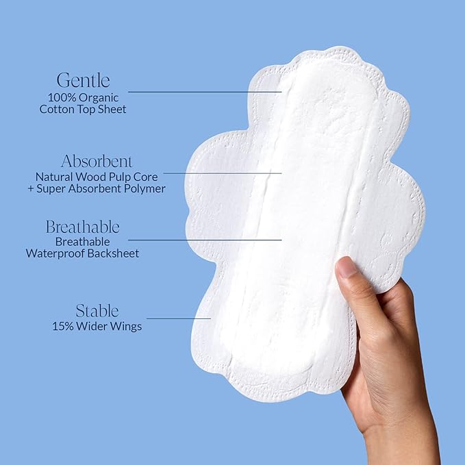 100% Organic Cotton Pads for Women, Ultra Thin Feminine Pads with Wings, Regular Absorbency Sanitary Napkins, Organic Unscented Period Menstrual Pad (Regular, Size 3, 108 Count)