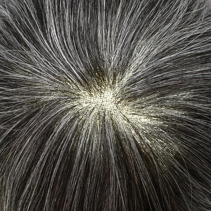 FACE MIRACLE French Lace Mens Toupee Human Hair System Swiss Lace Center Toupee for Men Durable Skin PU Around Hair Replacement System V-Looped Mens Hair Wig Units 6"X8" #1B20 Off Black with 20% Gray