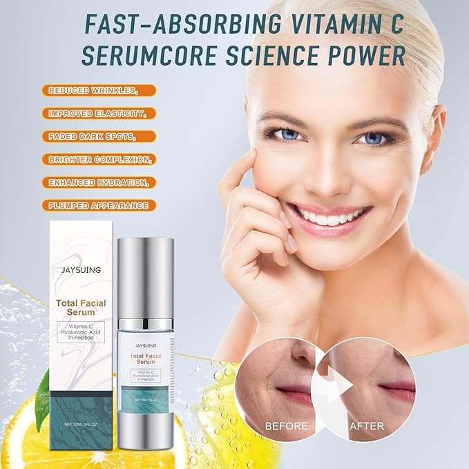 Super Vitamin C Face Serum, with Vitamin C, Hyaluronic Acid, Tripeptides, firms and lifts skin, Targets Dark Spots and Wrinkles, total package serum, Anti-Aging Formula for Mature Skin -1 fl. oz