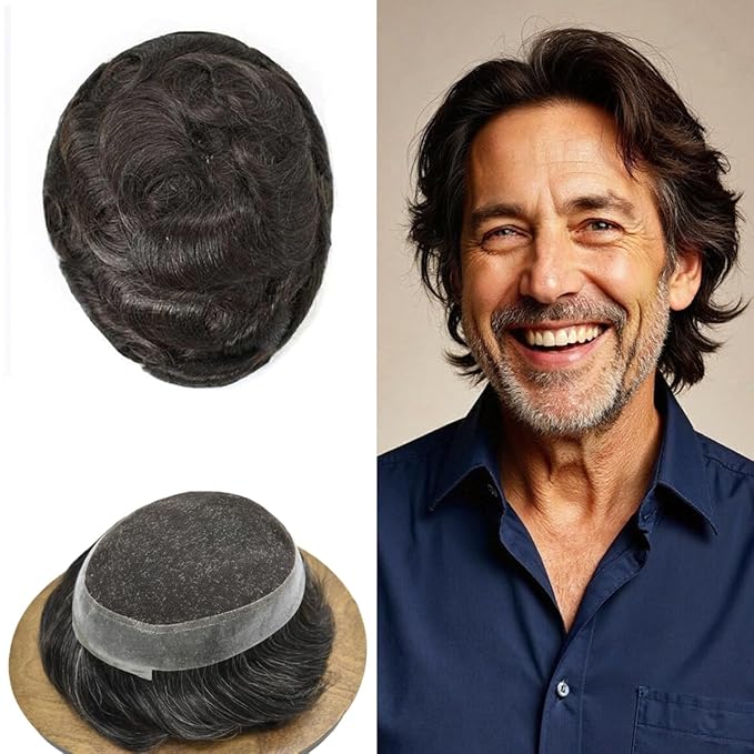 FACE MIRACLE Toupee for Men French Lace Hairpiece Human Hair Replacement System Skin PU Mens Toupee Hair Wigs for Man V-Looped Front Hair Prosthesis 5"X7" 2# DARKEST BROWN