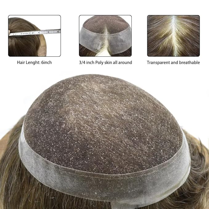 FACE MIRACLE Mens Toupee Lace Front Hairpieces Soft Human Hair Replacement System Natural Hairline Toupee for Men French Lace Poly V-Looped Mens hair Units 6"X9" #630 Light Brown with 30% Gray