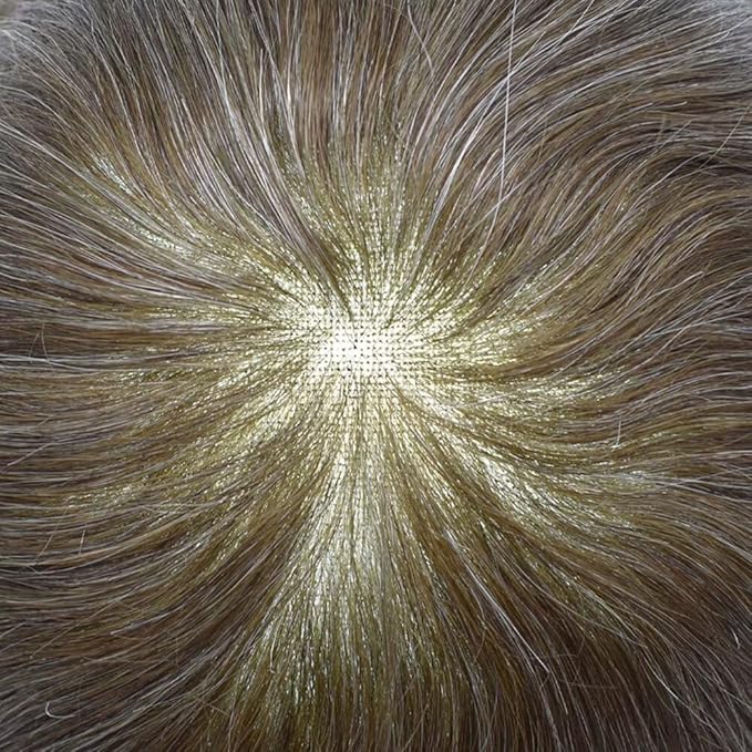 FACE MIRACLE Mens Toupee Lace Front Hairpieces Soft Human Hair Replacement System Natural Hairline Toupee for Men French Lace Poly V-Looped Mens hair Units 6"X9" #630 Light Brown with 30% Gray