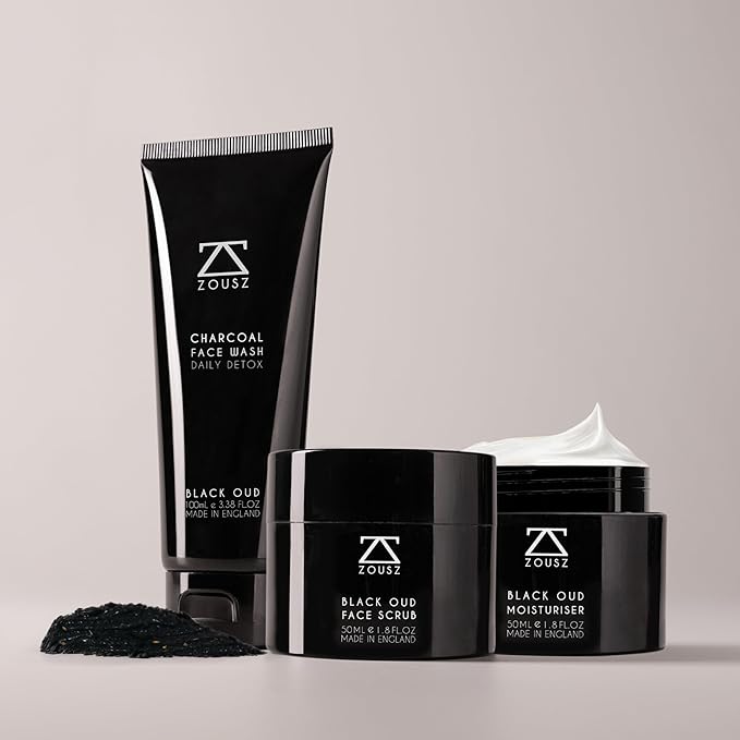 ZOUSZ Black Oud Charcoal Men’s Face Scrub & Mask – Deep Cleansing Exfoliating Clay Face Wash with Activated Charcoal, Salicylic Acid & Hyaluronic Acid – Clears Pores & Revives Skin – 50ml