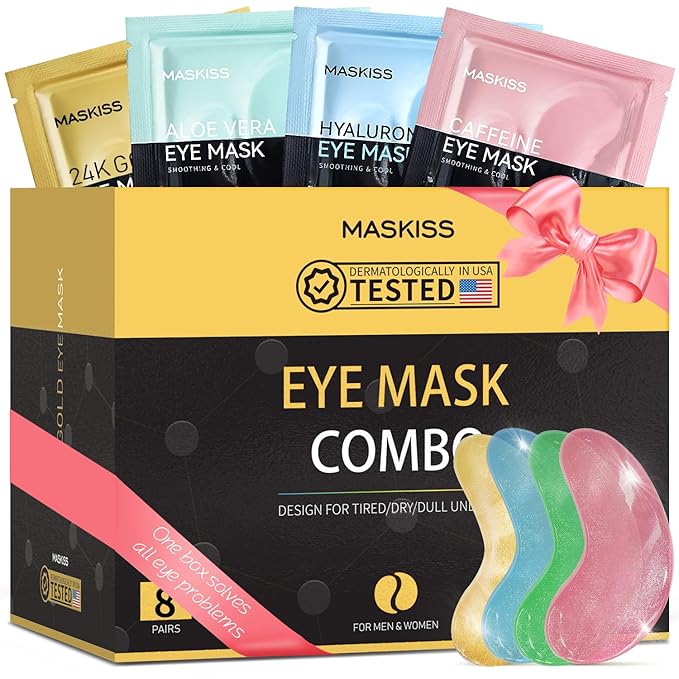 Under Eye Patches(8 Pairs), 24K Gold, Caffeine, Hyaluronic Acid, Aloe Vera Eye Masks for Dark Circles Puffy Eyes Undereye Bags, Eye Skin Care Gift Set for Bachelorette Party Favors