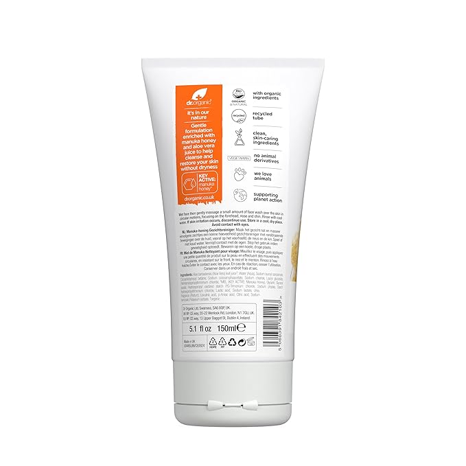 Dr. Organic Manuka Honey Face Wash | Gentle, Soothing, Cleansing, For Dry and Sensitive Skin, Certified Organic, Paraben & SLS-Free, Natural, 150 mL / 5 fl oz