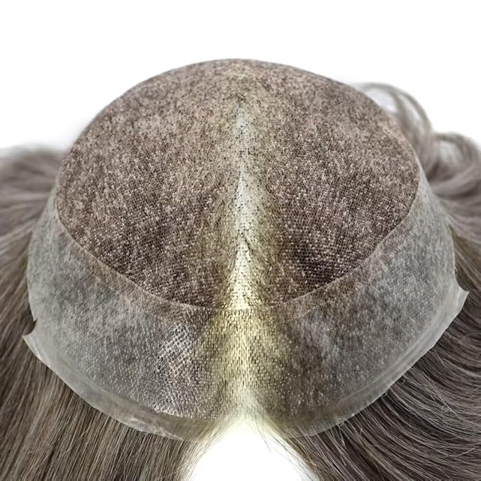 FACE MIRACLE Hair System for Men French Lace Mens Toupee Human Hair Replacement System Lace with PU Toupee for Men Male Hair Piece Wigs 7"X9" #360 Dark Brown with 60% Gray