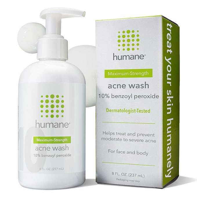 humane Benzoyl Peroxide Acne Body Wash - 10% Maximum-Strength Face, Skin, Butt, and Back Acne Treatment - 8 Fl Oz - Dermatologist-Tested Non-Foaming Acne Face Wash Cleanser - Vegan, Cruelty-Free