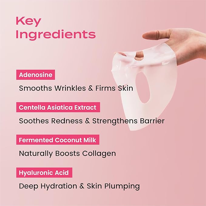 Body Restore Natural Collagen Face Mask 5 Pack – Korean Skin Care Mask with Fermented Coconut Water, Christmas Stocking Stuffers, White Elephant, Birthday Gifts for Women & Men, Dry Skin - Anti-Aging