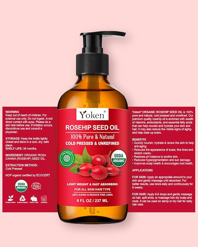 Rosehip Seed Oil Organic, USDA Certified 100% Pure Rosehip Oils for Face, Hair & Body, 8 fl oz Cold Pressed Rose Hip oil for Skin Moisturizing, Scar Fading, Gua Sha, Massage, Carrier Oil DIY
