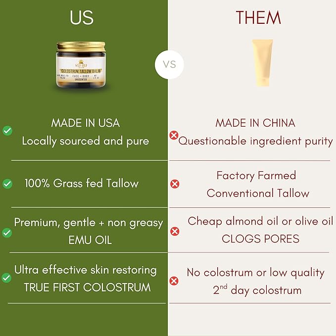 100% Grass Fed Tallow Balm with Colostrum & Emu Oil - Handmade Whipped Beef Tallow for Face and Body, Sensitive Skin Tallow Moisturizer made with True First Colostrum, (Unscented)