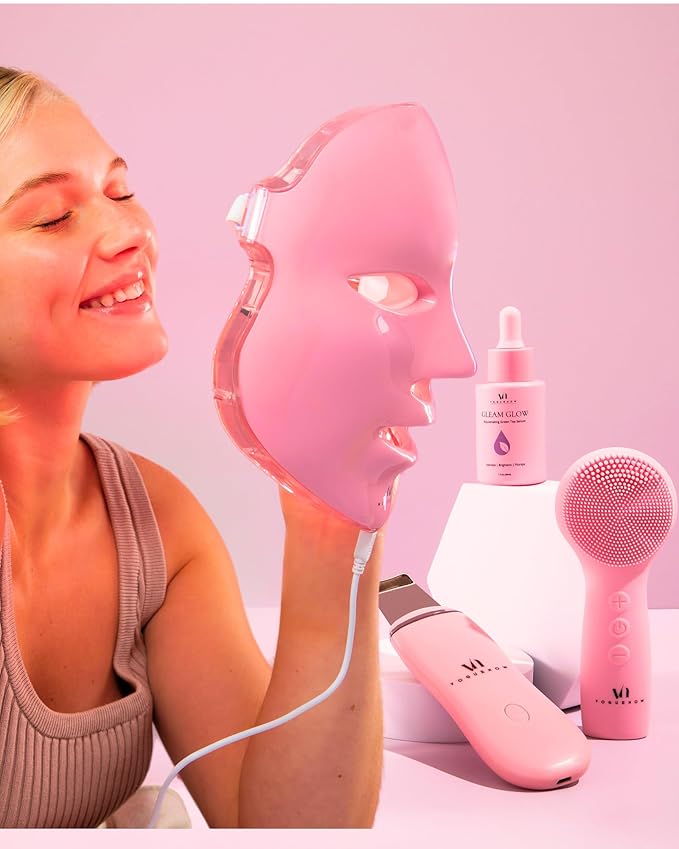LED Face Mask Light Therapy Premium Spa Kit (4 Pcs) - With Ultrasonic Scrubber, Ultrasonic Brush & Green Tea Serum - 7 Colors (Blue & Red) Light Therapy Mask -Spa Light Therapy Facial For Rejuvenation