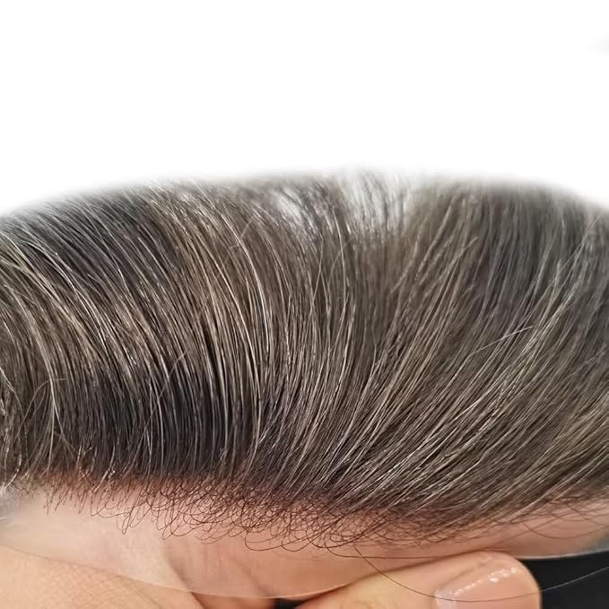 FACE MIRACLE Toupee for Men French Lace Hairpiece Human Hair Replacement System Skin PU Mens Toupee Hair Wigs for Man V-Looped Front Hair Prosthesis 6"X9" #310 Dark Brown with 10% Gray