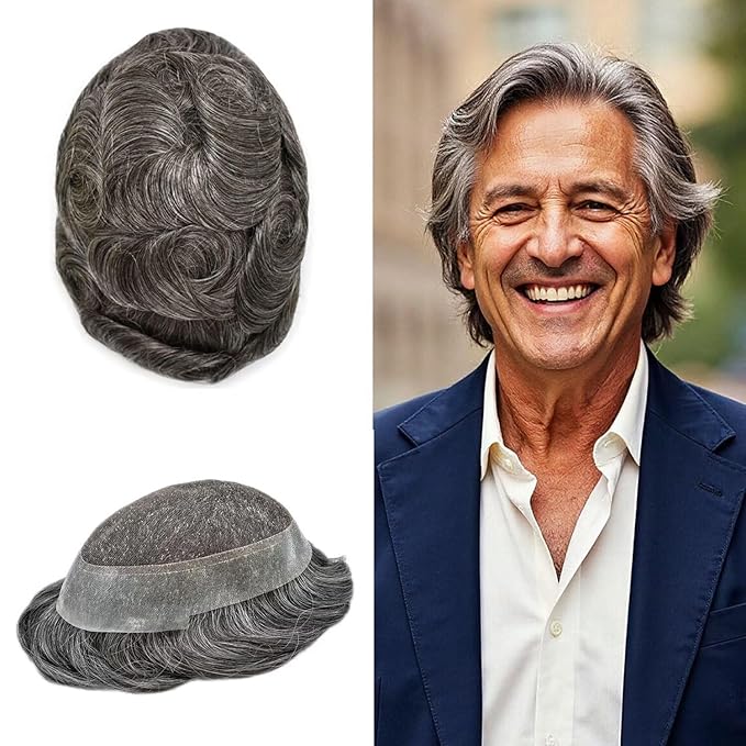 FACE MIRACLE Lace Front Mens Toupee Human Hair System Swiss Lace Center Toupee for Men Thin Skin PU Around Hair Replacement System V-Looped Mens Hair Wig Units 7"X9" #240 Darkest Brown with 40% Gray