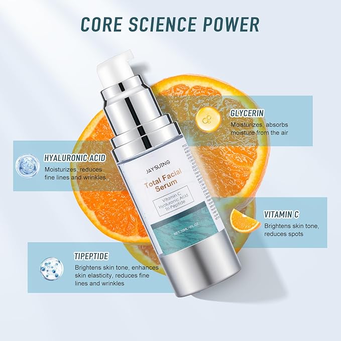 Super Vitamin C Face Serum, with Vitamin C, Hyaluronic Acid, Tripeptides, firms and lifts skin, Targets Dark Spots and Wrinkles, total package serum, Anti-Aging Formula for Mature Skin -1 fl. oz
