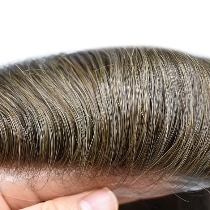 FACE MIRACLE Lace Front Mens Toupee Human Hair System Swiss Lace Center Toupee for Men Thin Skin PU Around Hair Replacement System V-Looped Mens Hair Wig Units 8"X10" 3# DARK BROWN