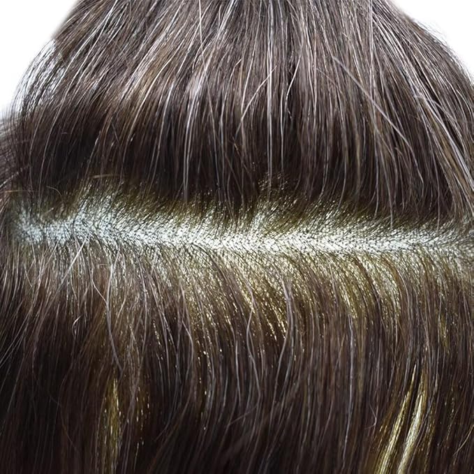 FACE MIRACLE French Lace Mens Toupee Human Hair System Lace Center Toupee for Men Thin Skin PU Around Hair Replacement System V-Looped 6"X8" #330 3# DARK BROWN WITH 30% SYNTHETIC GREY