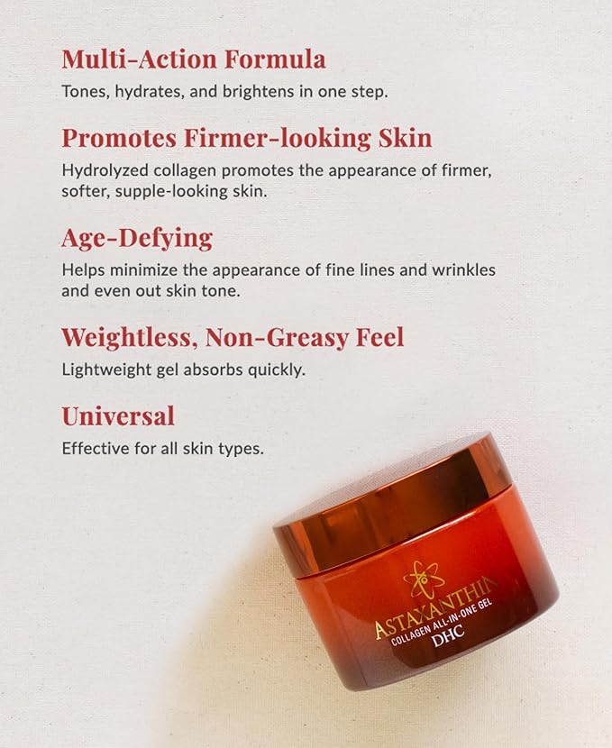 DHC Astaxanthin Collagen All-in-One Gel, Brightening Daytime Facial Moisturizer, Lightweight, Toning, Hydrating, Absorbs Quickly, Collagen, Fragrance and Colorant free, Ideal for all Skin Types