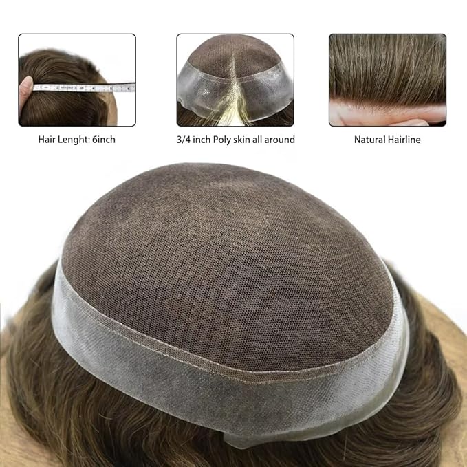 FACE MIRACLE Lace Front Mens Toupee Human Hair System Swiss Lace Center Toupee for Men Thin Skin PU Around Hair Replacement System V-Looped Mens Hair Wig Units 7"X9" #420 Medium Brown with 20% Gray