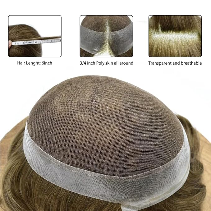 FACE MIRACLE Mens Toupee Lace Front Hairpieces Soft Human Hair Replacement System Natural Hairline Toupee for Men French Lace Poly V-Looped Mens hair Units 6"X9" 7ASH Light Ash Brown