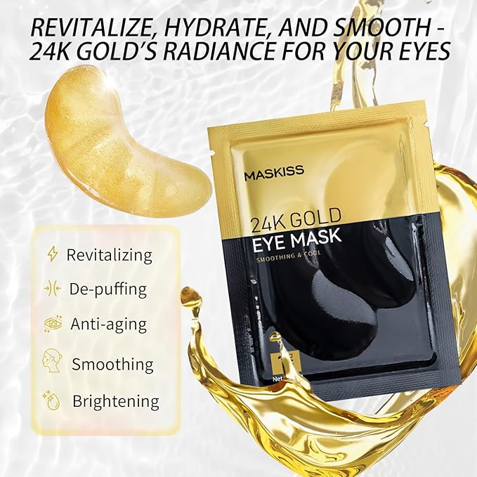 24k Gold Under Eye Patches (30 Pairs), Eye Mask, Collagen Skin Care Products, Eye Patches for Puffy Eyes, Eye Masks for Dark Circles and Puffiness.