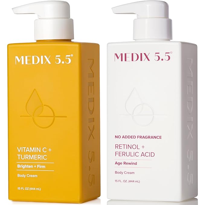 MEDIX Fragrance Free Firming Retinol Body Lotion + Brightening Vitamin C Cream 2pc Skin Care Set | Crepey Skin Care Treatment | Anti Aging Body Cream & Face Moisturizer For Crepe Skin & Dark Spots