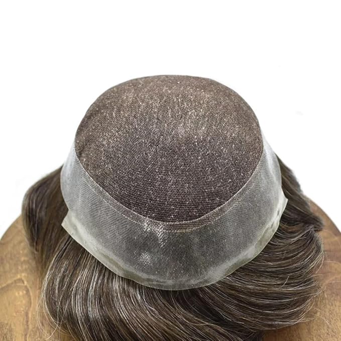 FACE MIRACLE Lace Front Mens Toupee Human Hair System Swiss Lace Center Toupee for Men Thin Skin PU Around Hair Replacement System V-Looped Mens Hair Wig Units 7"X9" #240 Darkest Brown with 40% Gray