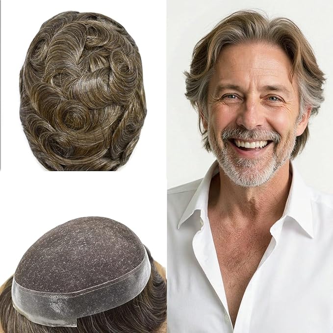 Toupee for Men French Lace Human Hair Replacement Systems Lace Center with Poly Around Hair Piece Mens Toupee Hair Units for Man V-Looped Front Male Hair Units 6"X8" #530