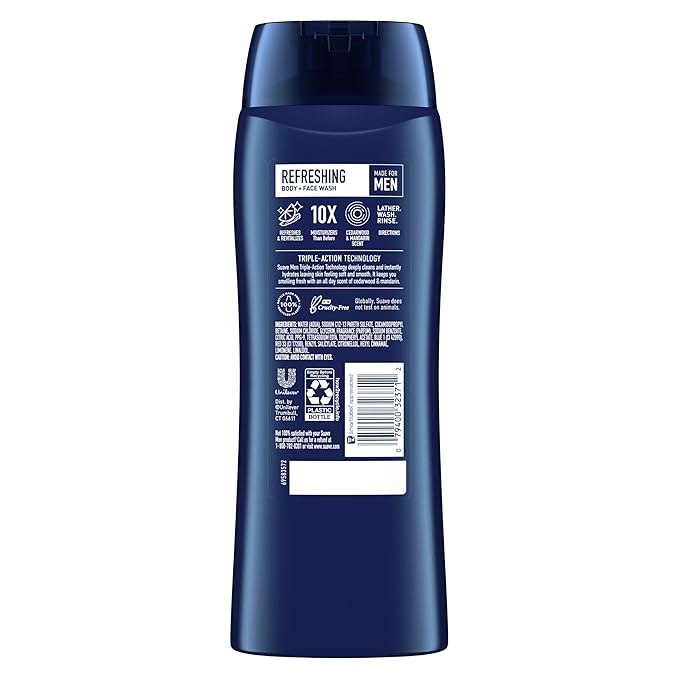 Suave Men Moisturizing Body & Face Wash, With Cedarwood and Mandarin Scent, No Parabens, No Phtahaltes, 18 Oz Pack of 6